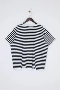 Trendyol Curve Red Striped Thick Cotton Slogan Embroidery Detailed Knitting Plus Size T-Shirt - Image 5
