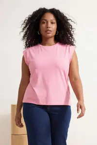 Trendyol Curve Pink 100% Cotton Wadding Look Crew Neck Knitting Plus Size T-Shirt