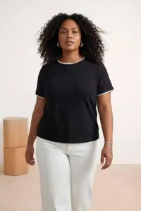 Trendyol Curve Black 100% Cotton Contrast Stitching Detailed Crew Neck Knitting Plus Size T-Shirt - Image 2