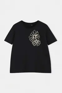Trendyol Curve Black 100% Cotton Regular/Normal Pattern Floral Embroidered Knitting Plus Size T-Shirt