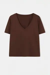 Trendyol Curve Brown-Beige 2 Sets Paket Regular Fit Crop/Short Size V-neck Basic Plus Size T-Shirt - Image 4