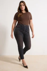 Trendyol Curve Brown High Waist Stone Detailed Flexible skinny Fit denim plus size jeans