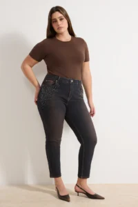 Trendyol Curve Brown High Waist Stone Detailed Flexible skinny Fit denim plus size jeans - Image 2