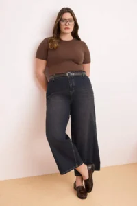 Trendyol Curve Brown High Waist Dart Detailed 100% Cotton Non-Stretch culotte Fit jeans - Image 2