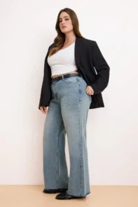 Trendyol Curve Mavi Hem Kesikli Elastic Waist 100% Cotton Non-Stretch Wide Leg/Wide Leg jeans - Image 2