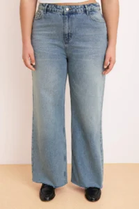 Trendyol Curve Mavi Hem Kesikli Elastic Waist 100% Cotton Non-Stretch Wide Leg/Wide Leg jeans - Image 3