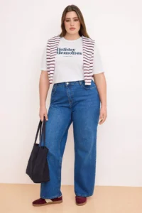 Trendyol Curve Dark Blue Premium Elastic Waist 100% Cotton Non-Stretch Wide Leg/Wide Leg jeans