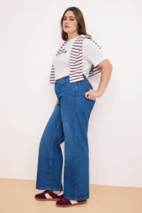 Trendyol Curve Dark Blue Premium Elastic Waist 100% Cotton Non-Stretch Wide Leg/Wide Leg jeans - Image 2