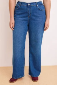 Trendyol Curve Dark Blue Premium Elastic Waist 100% Cotton Non-Stretch Wide Leg/Wide Leg jeans - Image 3
