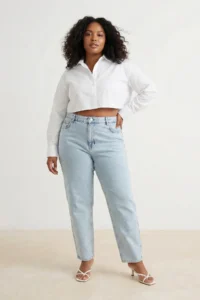 Trendyol Curve Light Blue High Waist Elastic Waist 100% Cotton Non-Stretch Plus Size Mom jeans