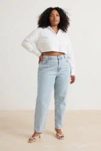 Trendyol Curve Light Blue High Waist Elastic Waist 100% Cotton Non-Stretch Plus Size Mom jeans - Image 2