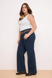 Trendyol Curve Dark Blue High Waist Suede Detailed Wide Leg/Wide Leg Comofrt/Middle Flexible jeans - Image 2