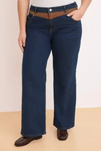 Trendyol Curve Dark Blue High Waist Suede Detailed Wide Leg/Wide Leg Comofrt/Middle Flexible jeans - Image 3