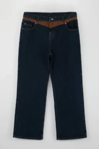Trendyol Curve Dark Blue High Waist Suede Detailed Wide Leg/Wide Leg Comofrt/Middle Flexible jeans - Image 5