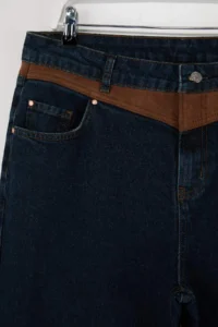 Trendyol Curve Dark Blue High Waist Suede Detailed Wide Leg/Wide Leg Comofrt/Middle Flexible jeans - Image 6