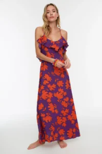 TRENDYOLMİLLA flower patterned Weaving with flywheel Beach Midi Dress - Image 3