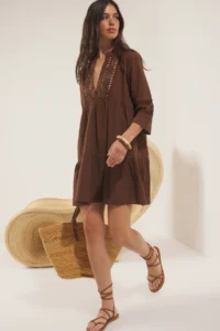 TRENDYOLMİLLA Brown Weaving Lace 100% Cotton Beach Mini Dress - Image 2