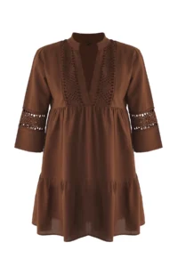 TRENDYOLMİLLA Brown Weaving Lace 100% Cotton Beach Mini Dress - Image 5