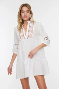TRENDYOLMİLLA White Weaving Lace 100% Cotton Beach Mini Dress - Image 4