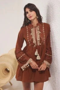 TRENDYOLMİLLA Dark Brown Weaving Embroidered 100% Cotton Beach Mini Dress