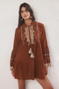 TRENDYOLMİLLA Dark Brown Weaving Embroidered 100% Cotton Beach Mini Dress - Image 2