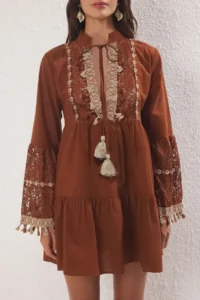 TRENDYOLMİLLA Dark Brown Weaving Embroidered 100% Cotton Beach Mini Dress - Image 3