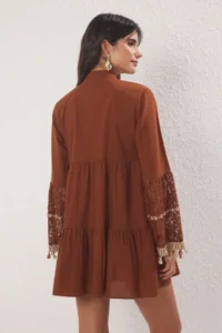 TRENDYOLMİLLA Dark Brown Weaving Embroidered 100% Cotton Beach Mini Dress - Image 4
