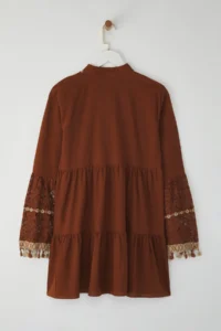 TRENDYOLMİLLA Dark Brown Weaving Embroidered 100% Cotton Beach Mini Dress - Image 6