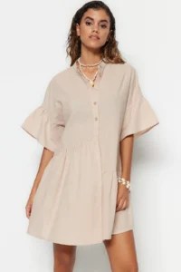 TRENDYOLMİLLA Beige Weaving with flywheel Beach Mini Dress