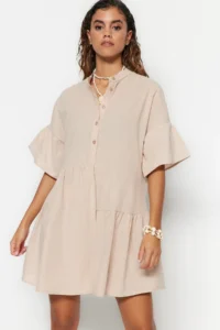 TRENDYOLMİLLA Beige Weaving with flywheel Beach Mini Dress - Image 2