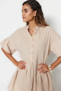 TRENDYOLMİLLA Beige Weaving with flywheel Beach Mini Dress - Image 3