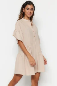 TRENDYOLMİLLA Beige Weaving with flywheel Beach Mini Dress - Image 5