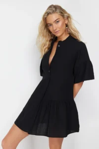 TRENDYOLMİLLA Black Weaving with flywheel Beach Mini Dress - Image 2