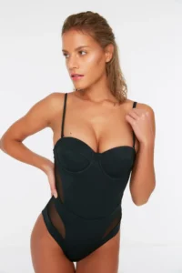 TRENDYOLMİLLA Black Mesh Detailed balconette Covered Regular Swimsuit - Image 2