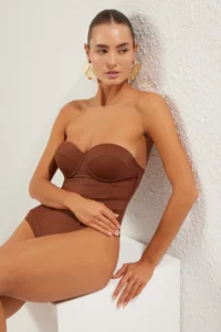 TRENDYOLMİLLA Brown Mesh Detailed balconette Covered Regular Swimsuit - Image 2