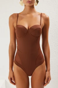 TRENDYOLMİLLA Brown Mesh Detailed balconette Covered Regular Swimsuit - Image 4