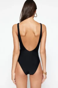 TRENDYOLMİLLA Black Cut Out/Window Detailed Deep V-neck Covered Regular Swimsuit - Image 5