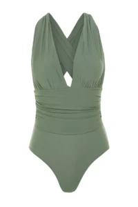 TRENDYOLMİLLA Green Drapeli Deep V-neck Covered Regular Swimsuit - Image 6