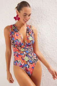 TRENDYOLMİLLA Floral Patterned Draped Deep V-neck Covered Regular Swimsuit - Image 2