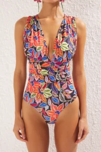 TRENDYOLMİLLA Floral Patterned Draped Deep V-neck Covered Regular Swimsuit - Image 3