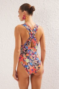 TRENDYOLMİLLA Floral Patterned Draped Deep V-neck Covered Regular Swimsuit - Image 4