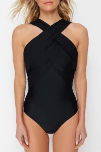 TRENDYOLMİLLA Black Drapeli Barbell Collar Covered Regular Swimsuit - Image 4