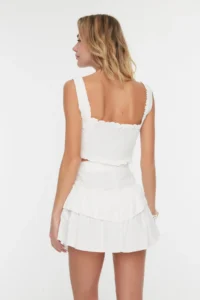 TRENDYOLMİLLA beachwear White Weaving Frilly High Waist Mini Blouse-Skirt Set - Image 5