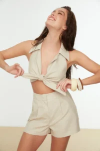 TRENDYOLMİLLA Beige Weaving Binding Detailed Beach Mini High Waist Blouse-Shorts Set