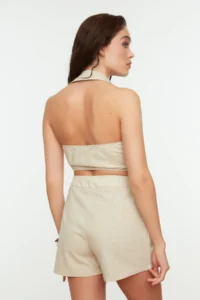 TRENDYOLMİLLA Beige Weaving Binding Detailed Beach Mini High Waist Blouse-Shorts Set - Image 4