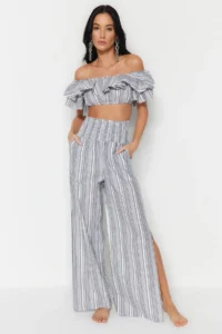TRENDYOLMİLLA Striped Weaving Frilly Beach Blouse-Pants Set