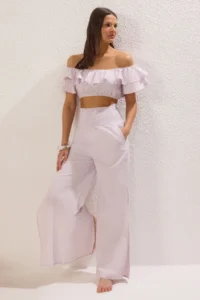 TRENDYOLMİLLA Lilac Striped Weaving Frilly Beach Blouse-Pants Set - Image 2
