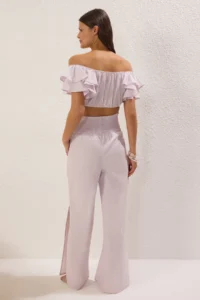 TRENDYOLMİLLA Lilac Striped Weaving Frilly Beach Blouse-Pants Set - Image 4