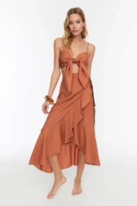 TRENDYOLMİLLA Cinnamon Weaving with flywheel Beach Blouse-Skirt Set - Image 2