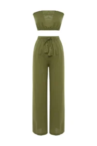 TRENDYOLMİLLA beachwear Green Weaving Blouse-Pants Set - Image 6